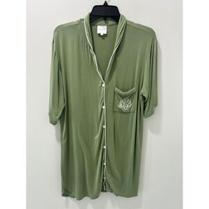Seline Lounge Sage Green Monogram Sleep Shirt Button Front Nightgown Large